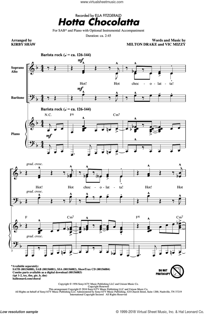 Hotta Chocolatta sheet music for choir (SAB: soprano, alto, bass) by Milton Drake, Kirby Shaw, Ella Fitzgerald and Vic Mizzy, intermediate skill level