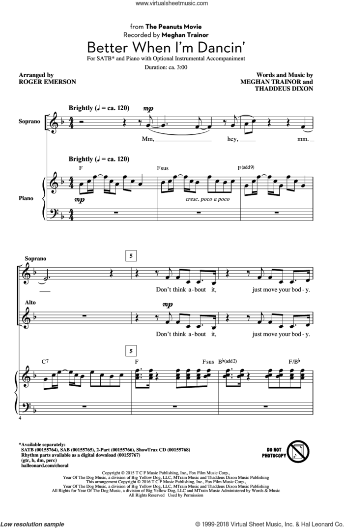 Better When I'm Dancin' sheet music for choir (SATB: soprano, alto, tenor, bass) by Roger Emerson, Meghan Trainor and Thaddeus Dixon, intermediate skill level