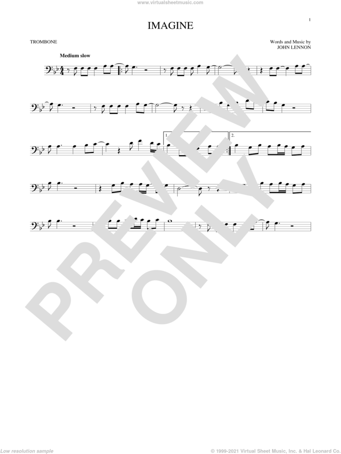 Imagine sheet music for trombone solo by John Lennon, intermediate skill level
