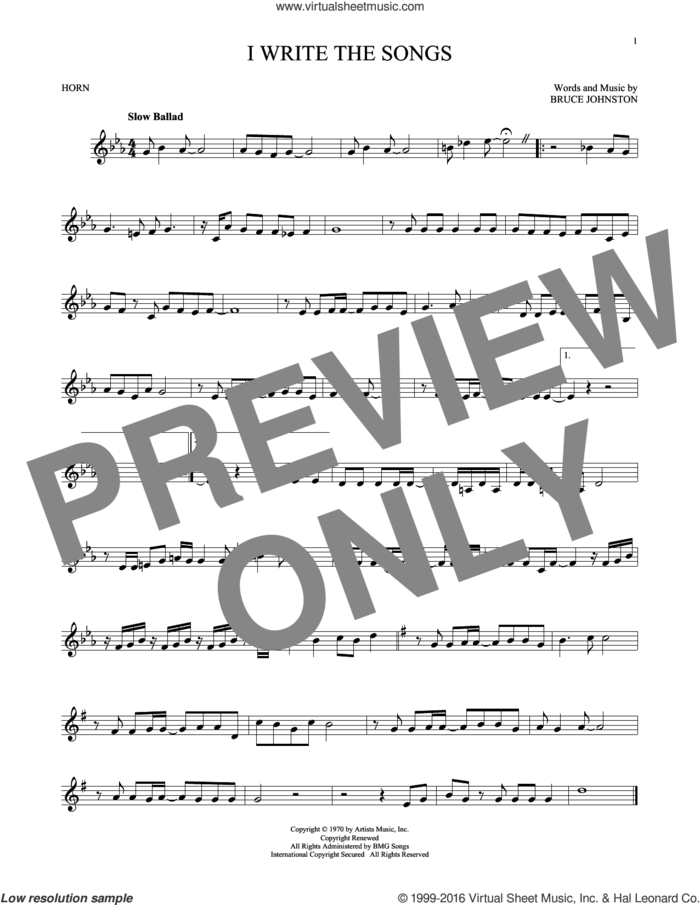 I Write The Songs sheet music for horn solo by Barry Manilow and Bruce Johnston, intermediate skill level