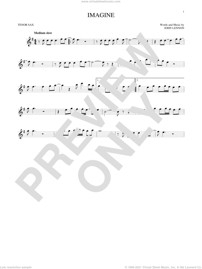 Imagine sheet music for tenor saxophone solo by John Lennon, intermediate skill level