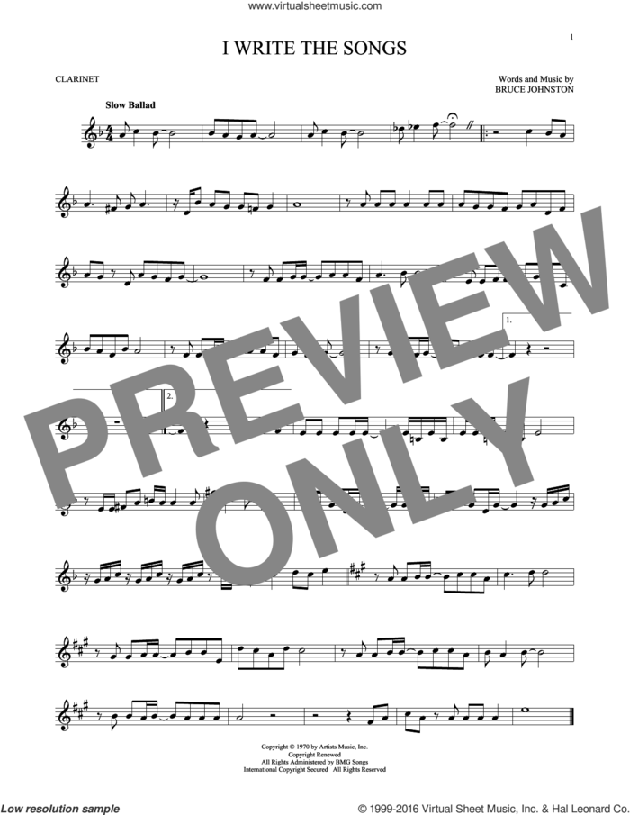 I Write The Songs sheet music for clarinet solo by Barry Manilow and Bruce Johnston, intermediate skill level