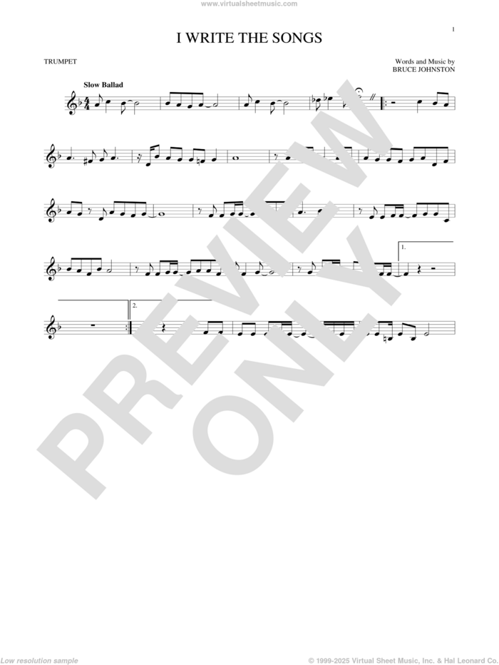 I Write The Songs sheet music for trumpet solo by Barry Manilow and Bruce Johnston, intermediate skill level