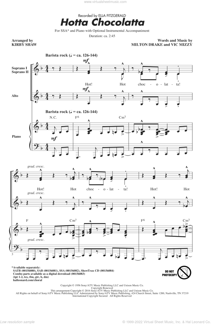 Hotta Chocolatta sheet music for choir (SSA: soprano, alto) by Milton Drake, Kirby Shaw, Ella Fitzgerald and Vic Mizzy, intermediate skill level