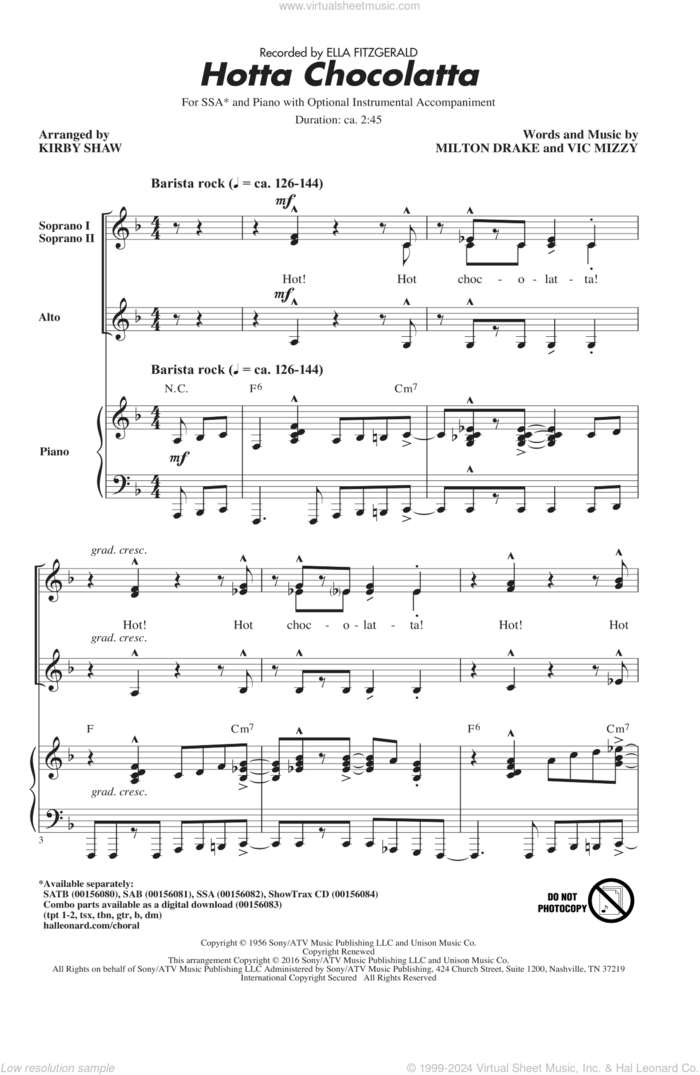 Hotta Chocolatta sheet music for choir (SSA: soprano, alto) by Milton Drake, Kirby Shaw, Ella Fitzgerald and Vic Mizzy, intermediate skill level