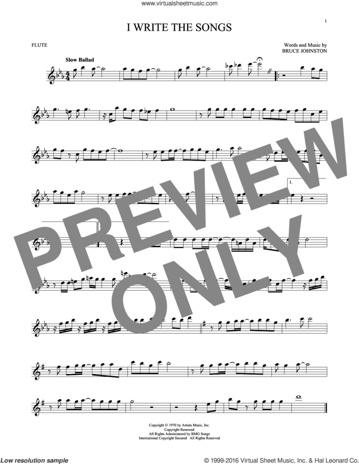 I Write The Songs sheet music for flute solo by Barry Manilow and Bruce Johnston, intermediate skill level