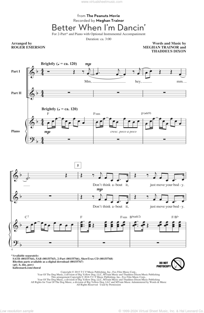 Better When I'm Dancin' sheet music for choir (2-Part) by Roger Emerson, Meghan Trainor and Thaddeus Dixon, intermediate duet