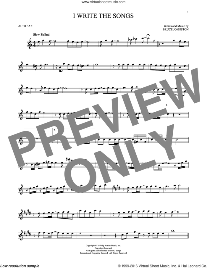 I Write The Songs sheet music for alto saxophone solo by Barry Manilow and Bruce Johnston, intermediate skill level