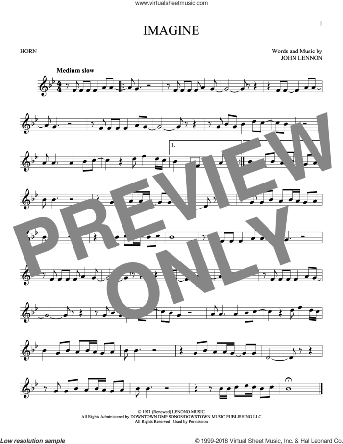 Imagine sheet music for horn solo by John Lennon, intermediate skill level