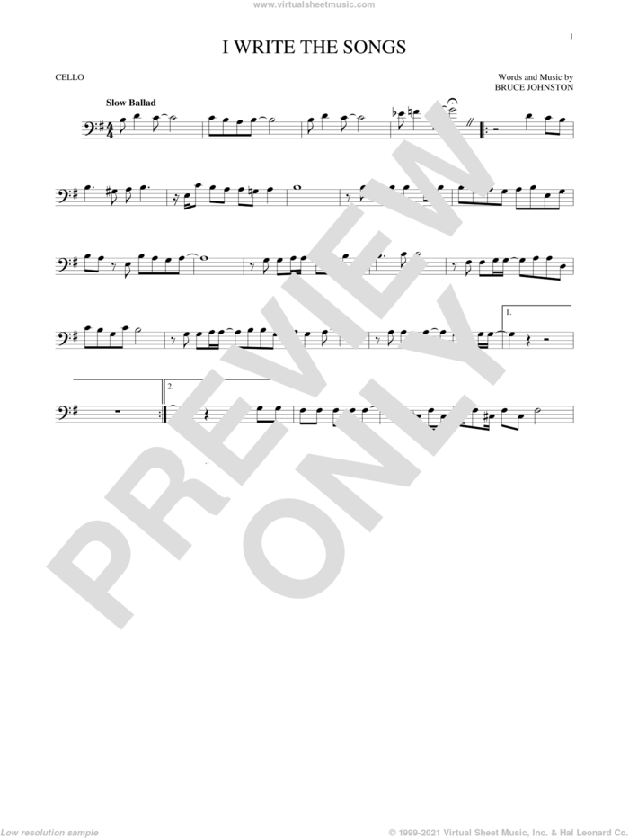 I Write The Songs sheet music for cello solo by Barry Manilow and Bruce Johnston, intermediate skill level