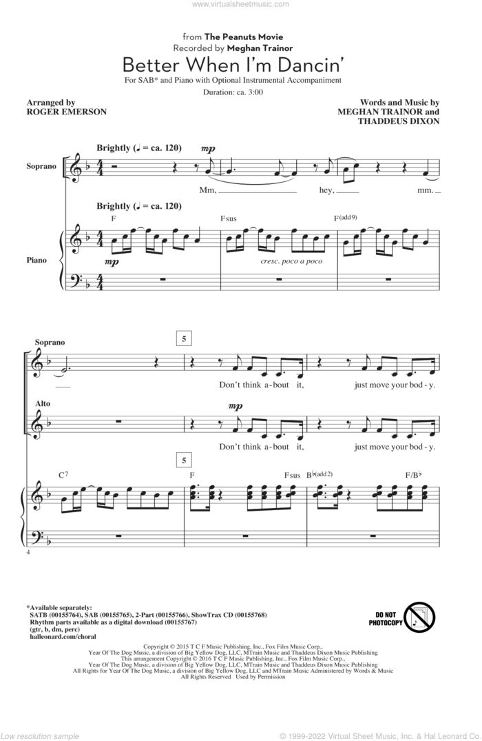 Better When I'm Dancin' sheet music for choir (SAB: soprano, alto, bass) by Roger Emerson, Meghan Trainor and Thaddeus Dixon, intermediate skill level