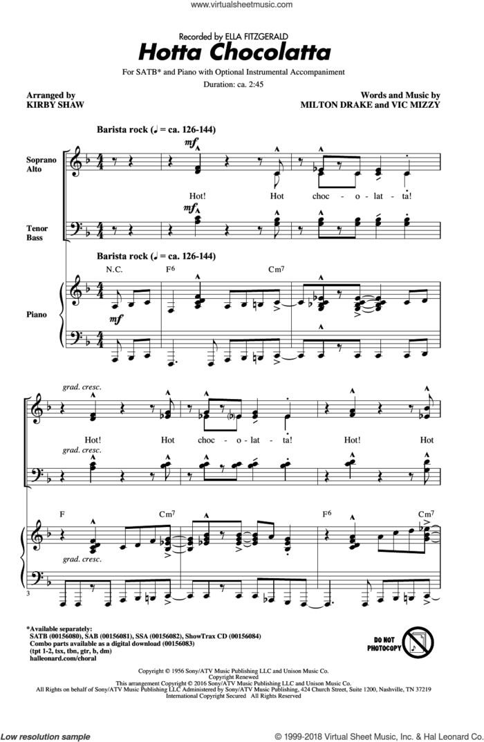Hotta Chocolatta sheet music for choir (SATB: soprano, alto, tenor, bass) by Milton Drake, Kirby Shaw, Ella Fitzgerald and Vic Mizzy, intermediate skill level