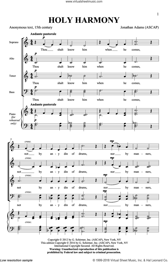 Holy Harmony sheet music for choir (SATB: soprano, alto, tenor, bass) by Jonathan Adams, intermediate skill level