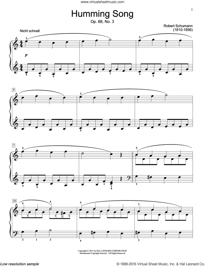 Humming Song, Op.68 #3 sheet music for piano solo (elementary) by Robert Schumann and Jennifer Linn, classical score, beginner piano (elementary)