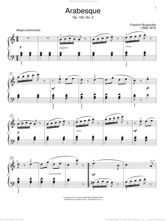 Arabesque, Op. 100, No. 2 sheet music for piano solo (elementary) by Friedrich Johann Franz Burgmuller and Jennifer Linn, classical score, beginner piano (elementary)