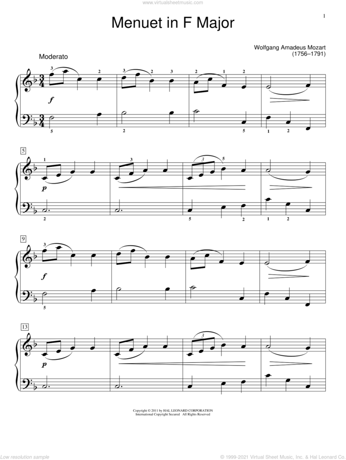 Minuet In F Major, K. 2 sheet music for piano solo (elementary) by Wolfgang Amadeus Mozart and Jennifer Linn, classical score, beginner piano (elementary)