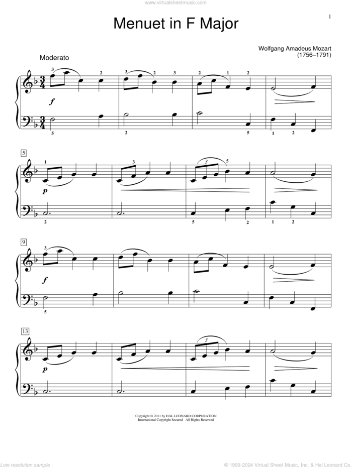 Minuet in F Major, K.2, (intermediate) sheet music for piano solo by Wolfgang Amadeus Mozart and Jennifer Linn, classical score, intermediate skill level