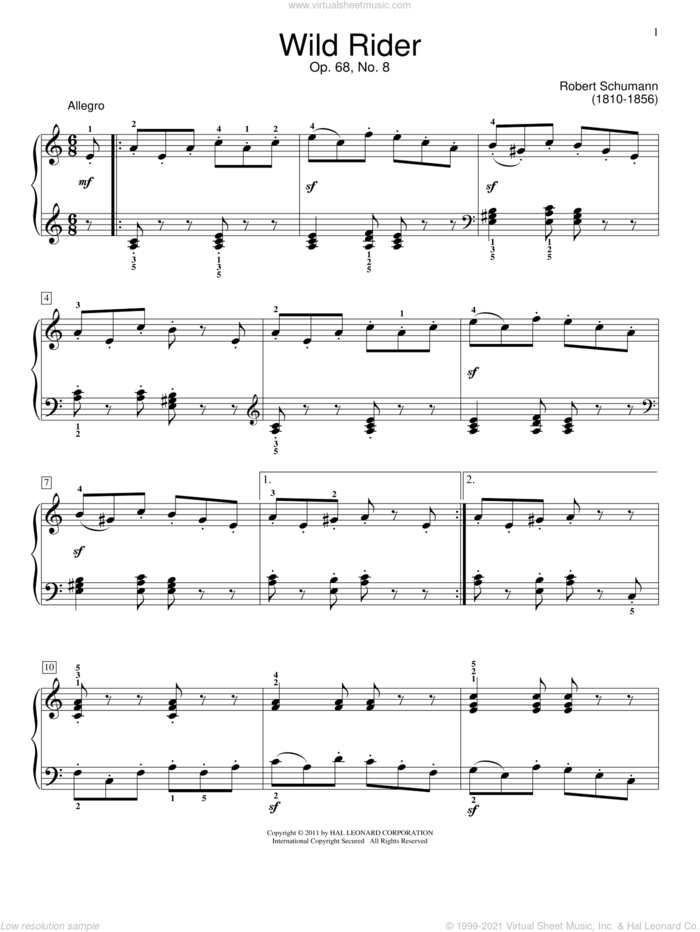 The Wild Horseman, Op. 68, No. 8 sheet music for piano solo (elementary) by Robert Schumann and Jennifer Linn, classical score, beginner piano (elementary)