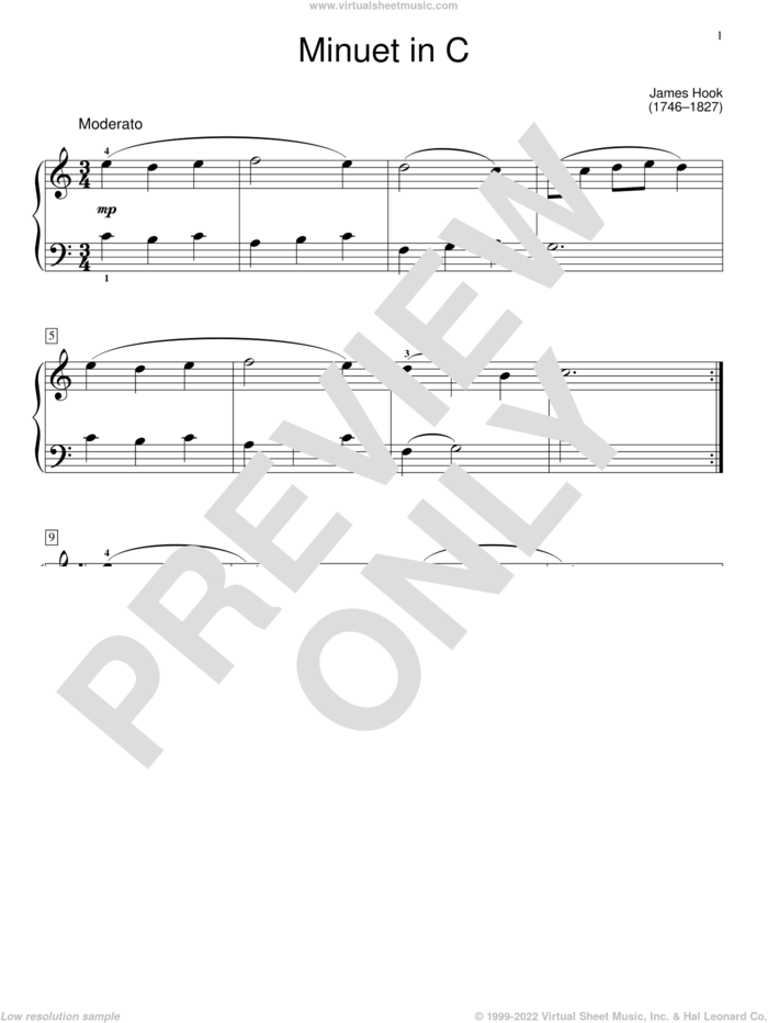 Minuet In C sheet music for piano solo (elementary) by James Hook and Jennifer Linn, classical score, beginner piano (elementary)