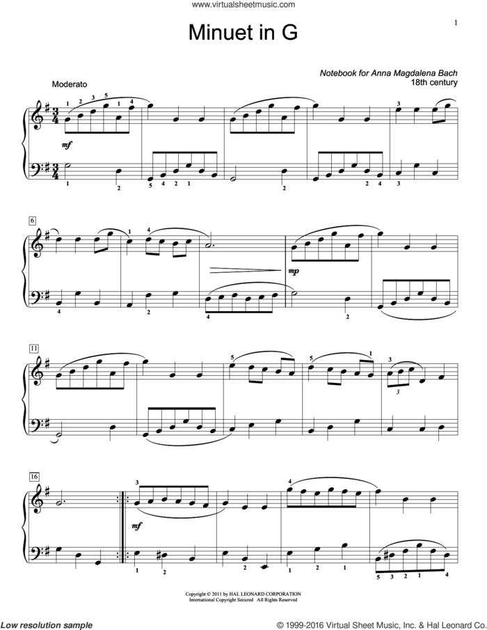 Menuet In G Major, BWV App. 116 sheet music for piano solo (elementary) by Jennifer Linn and Christos Tsitsaros (ed.), classical score, beginner piano (elementary)
