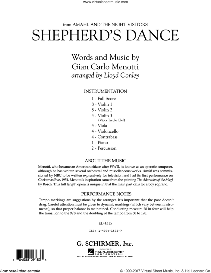 Shepherd's Dance (from Amahl and the Night Visitors) (COMPLETE) sheet music for orchestra by Lloyd Conley and Gian Carlo Menotti, classical score, intermediate skill level