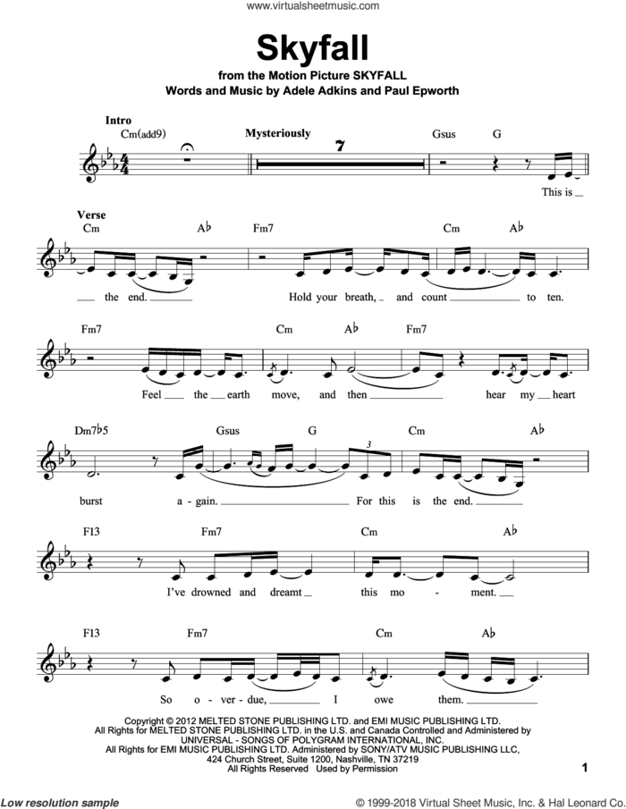 Skyfall sheet music for voice solo by Adele, Adele Adkins and Paul Epworth, intermediate skill level