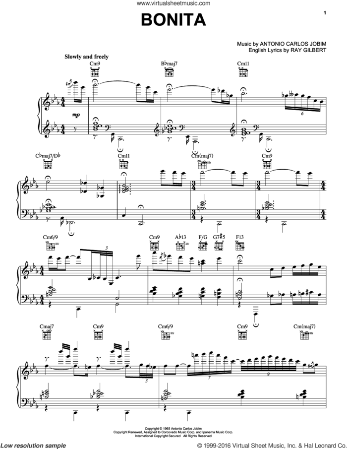 Bonita sheet music for voice, piano or guitar by Antonio Carlos Jobim and Ray Gilbert, intermediate skill level