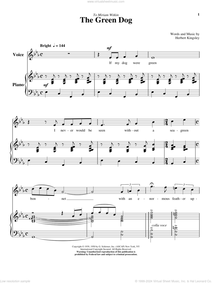 The Green Dog sheet music for voice and piano (High Voice) by Herbert Kingsley, classical score, intermediate skill level