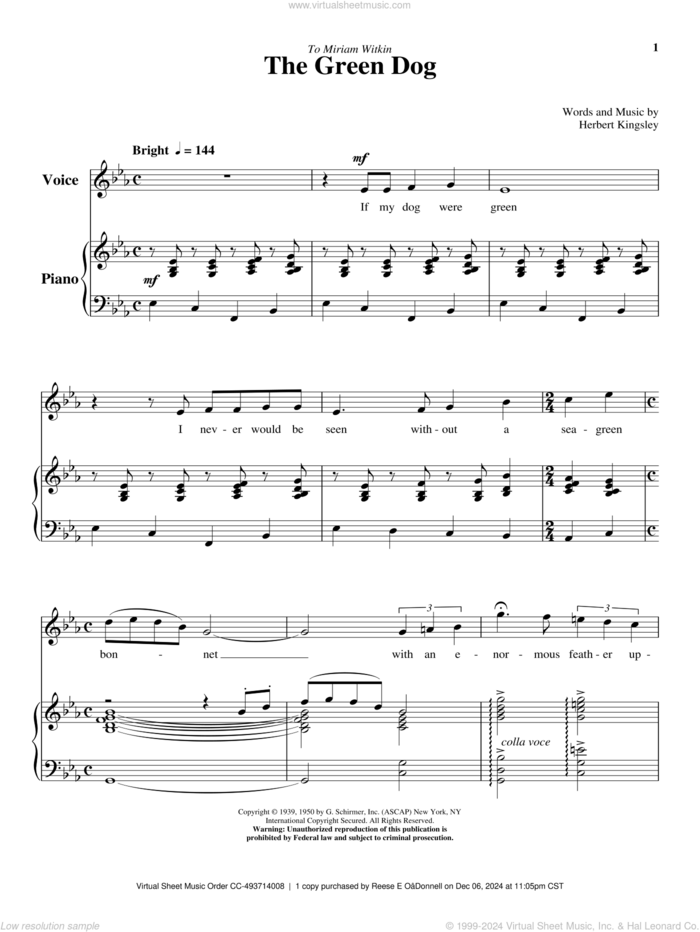 The Green Dog sheet music for voice and piano (High Voice) by Herbert Kingsley, classical score, intermediate skill level