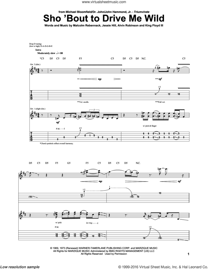 Sho 'Bout To Drive Me Wild sheet music for guitar (tablature) by Mike Bloomfield, Alvin Robinson, Jessie Hill, King Floyd III and Malcolm Rebennack, intermediate skill level