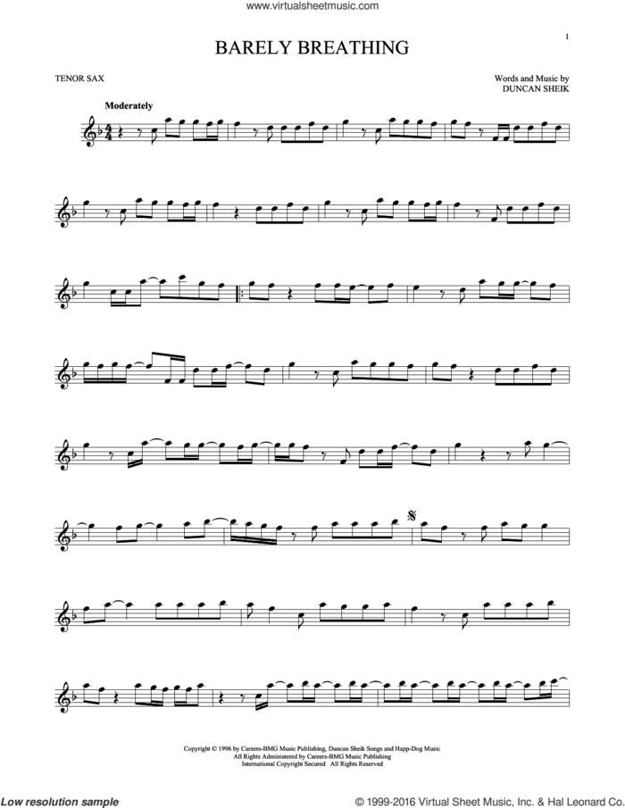 Barely Breathing sheet music for tenor saxophone solo by Duncan Sheik, intermediate skill level