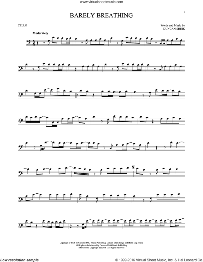 Barely Breathing sheet music for cello solo by Duncan Sheik, intermediate skill level