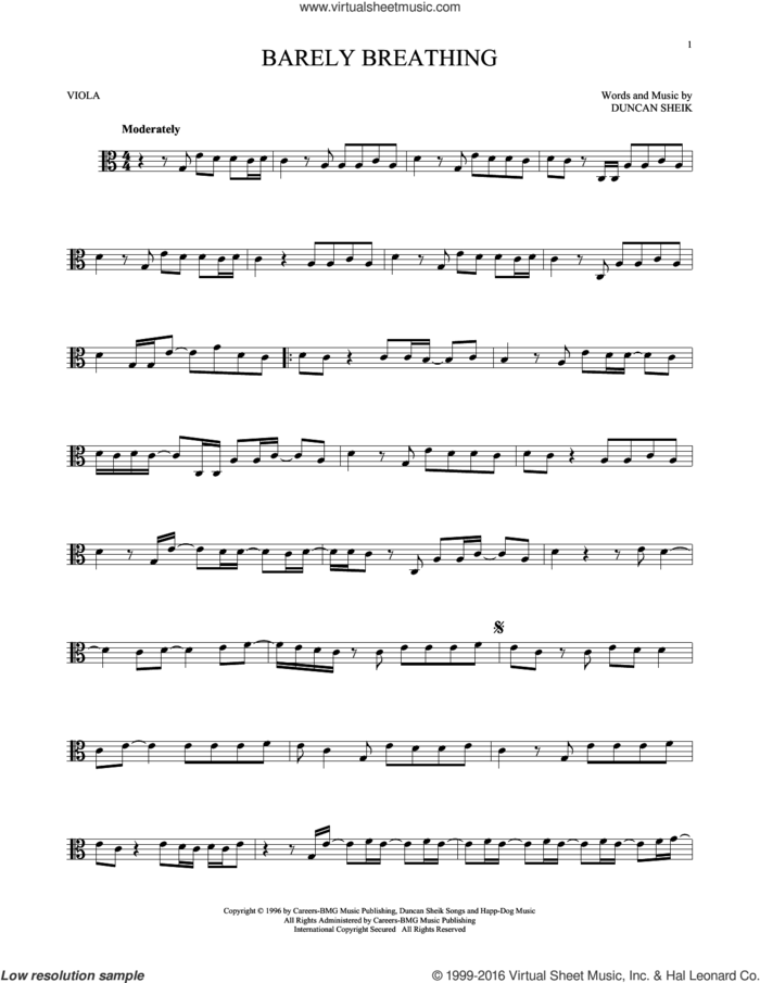 Barely Breathing sheet music for viola solo by Duncan Sheik, intermediate skill level