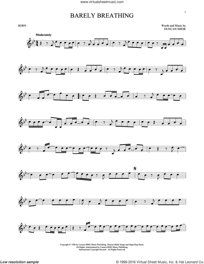 Barely Breathing sheet music for horn solo by Duncan Sheik, intermediate skill level