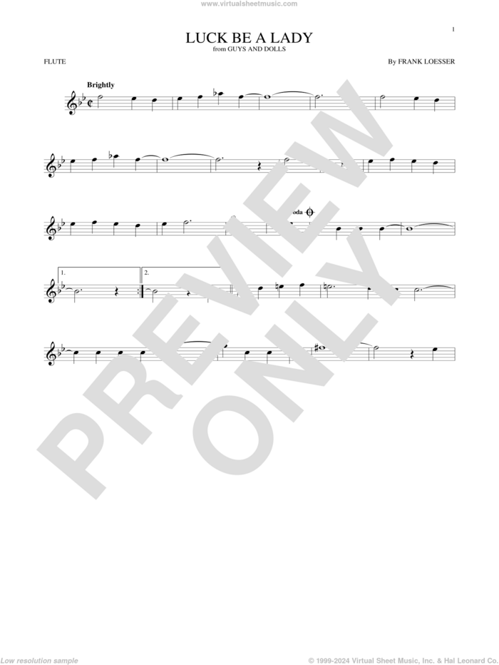 Luck Be A Lady sheet music for flute solo by Frank Loesser, intermediate skill level