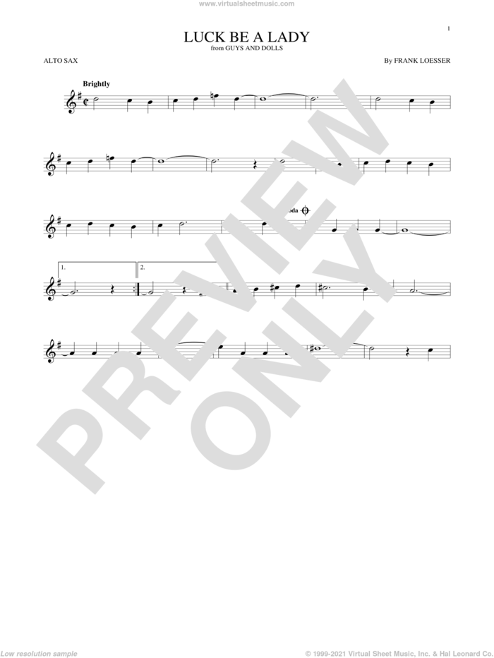 Luck Be A Lady sheet music for alto saxophone solo by Frank Loesser, intermediate skill level