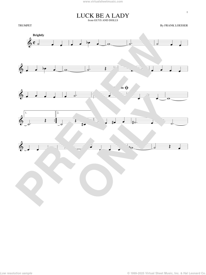 Luck Be A Lady sheet music for trumpet solo by Frank Loesser, intermediate skill level