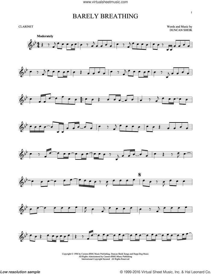 Barely Breathing sheet music for clarinet solo by Duncan Sheik, intermediate skill level