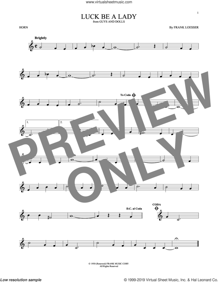 Luck Be A Lady sheet music for horn solo by Frank Loesser, intermediate skill level