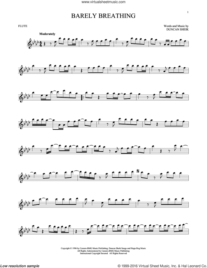 Barely Breathing sheet music for flute solo by Duncan Sheik, intermediate skill level