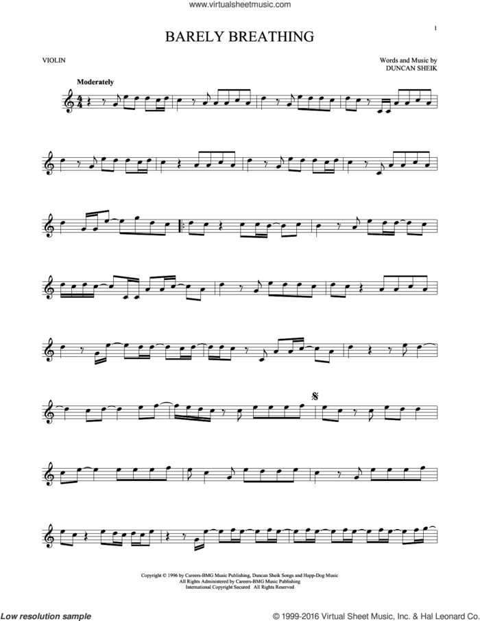 Barely Breathing sheet music for violin solo by Duncan Sheik, intermediate skill level