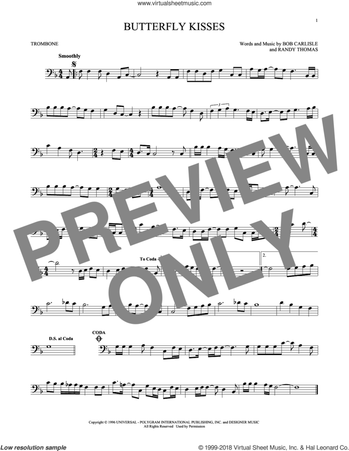 Butterfly Kisses sheet music for trombone solo by Bob Carlisle, Jeff Carson and Randy Thomas, wedding score, intermediate skill level