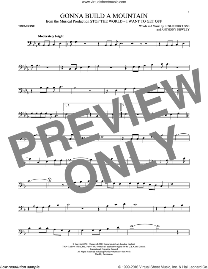 Gonna Build A Mountain sheet music for trombone solo by Leslie Bricusse and Anthony Newley, intermediate skill level