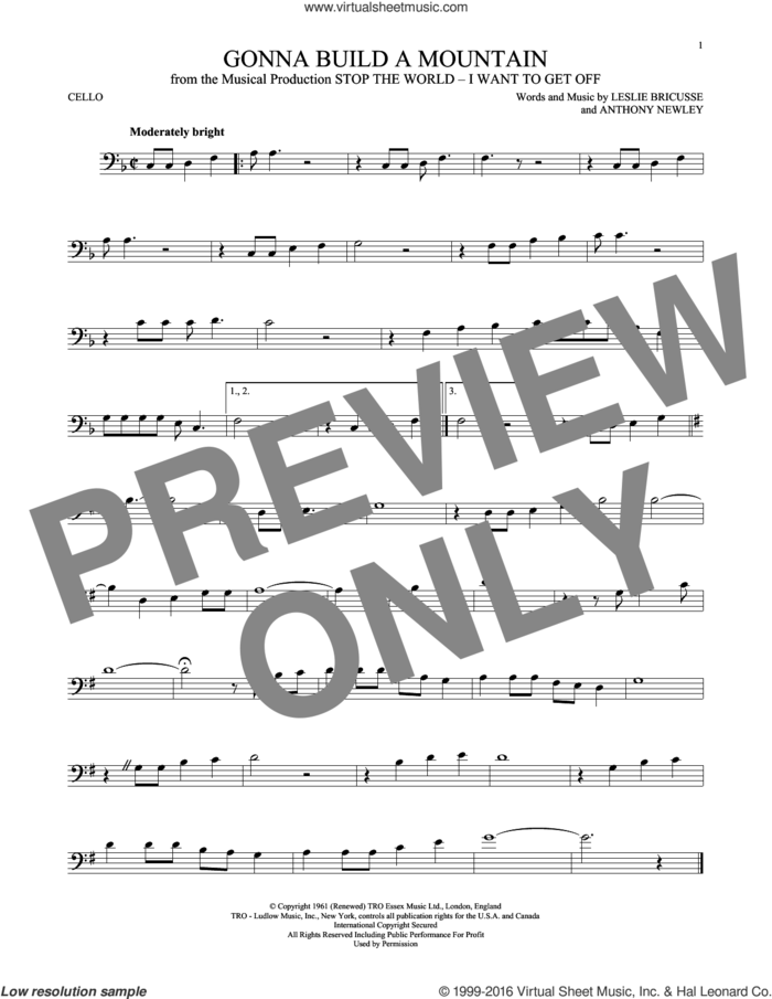 Gonna Build A Mountain sheet music for cello solo by Leslie Bricusse and Anthony Newley, intermediate skill level