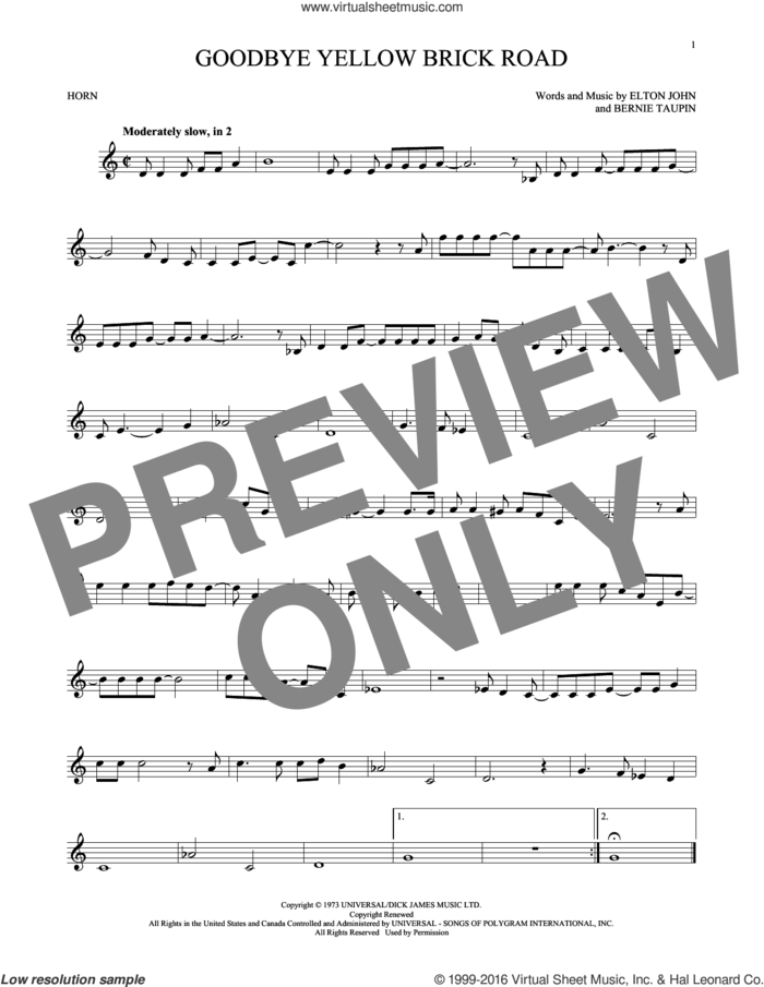 Goodbye Yellow Brick Road sheet music for horn solo by Elton John and Bernie Taupin, intermediate skill level