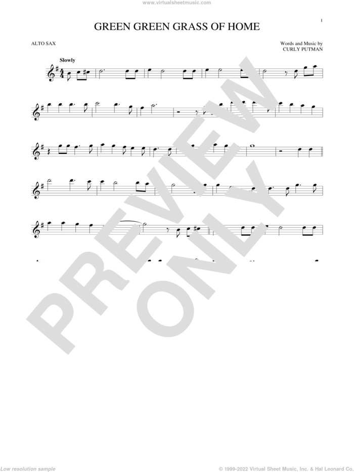 Green Green Grass Of Home sheet music for alto saxophone solo by Curly Putman, Elvis Presley, Porter Wagoner and Tom Jones, intermediate skill level