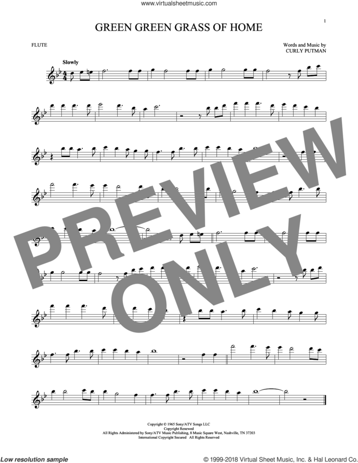 Green Green Grass Of Home sheet music for flute solo by Curly Putman, Elvis Presley, Porter Wagoner and Tom Jones, intermediate skill level