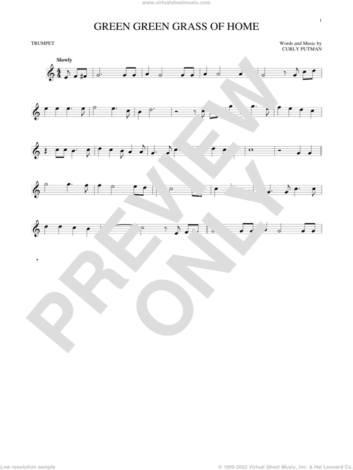 Green Green Grass Of Home sheet music for trumpet solo by Curly Putman, Elvis Presley, Porter Wagoner and Tom Jones, intermediate skill level