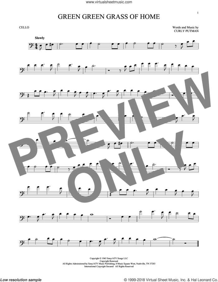 Green Green Grass Of Home sheet music for cello solo by Curly Putman, Elvis Presley, Porter Wagoner and Tom Jones, intermediate skill level