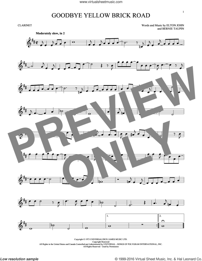 Goodbye Yellow Brick Road sheet music for clarinet solo by Elton John and Bernie Taupin, intermediate skill level